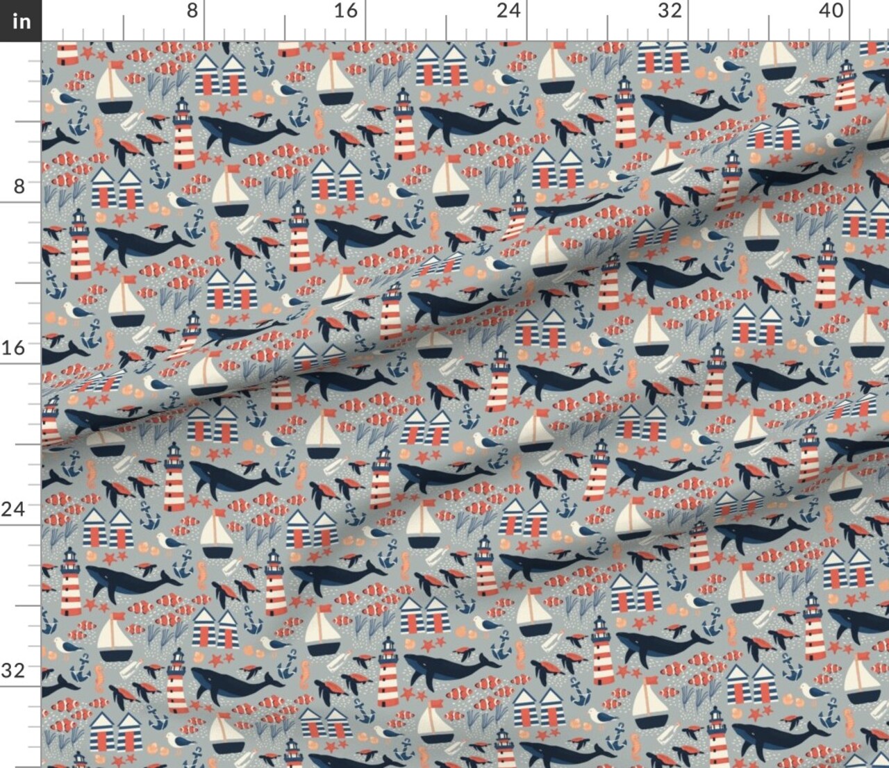 Ocean Marine Life Nautical Lighthouse Whales Coastal Beach Boats Anchor Custom Printed Fabric by Spoonflower Various Fabrics by the Yard or Fat Quarter